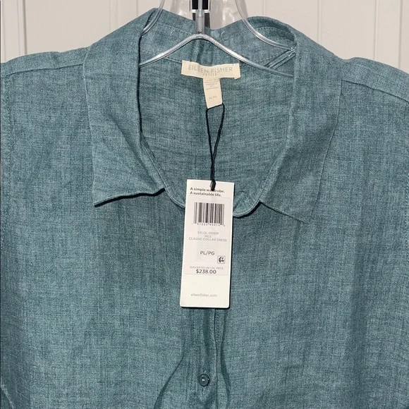 EILEEN FISHER Sleeveless Button Front Shirtdress Washed Organic Linen Blue SZ PL